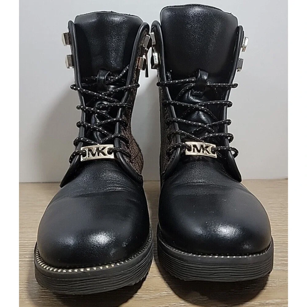 Michael Kors Haskell Black & Brown Logo Combat Boots Y Sz‎ 2